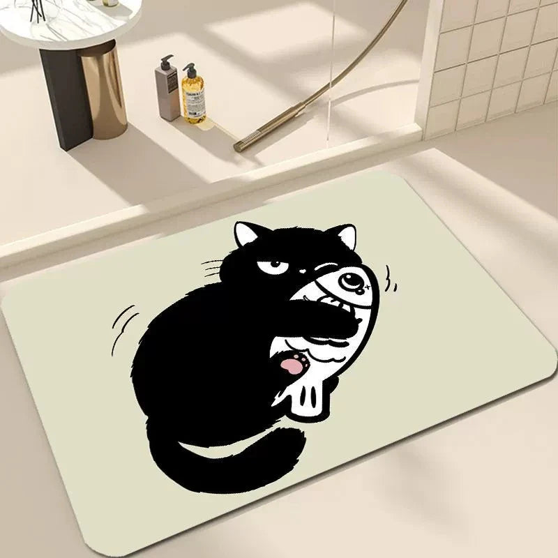 Black Cartoon Cat Door Mat for Living Room and Bedroom