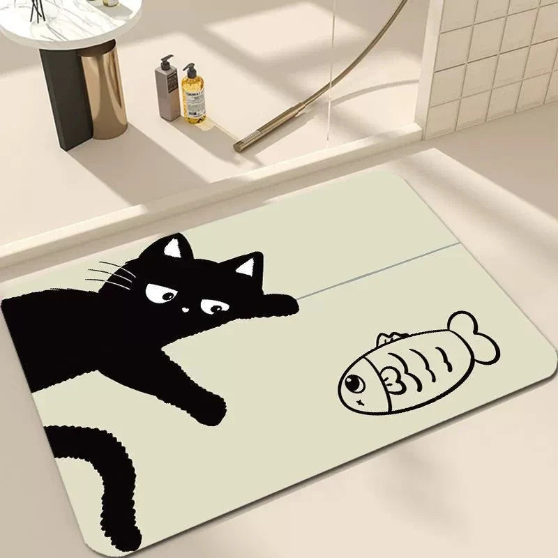 Black Cartoon Cat Door Mat for Living Room and Bedroom